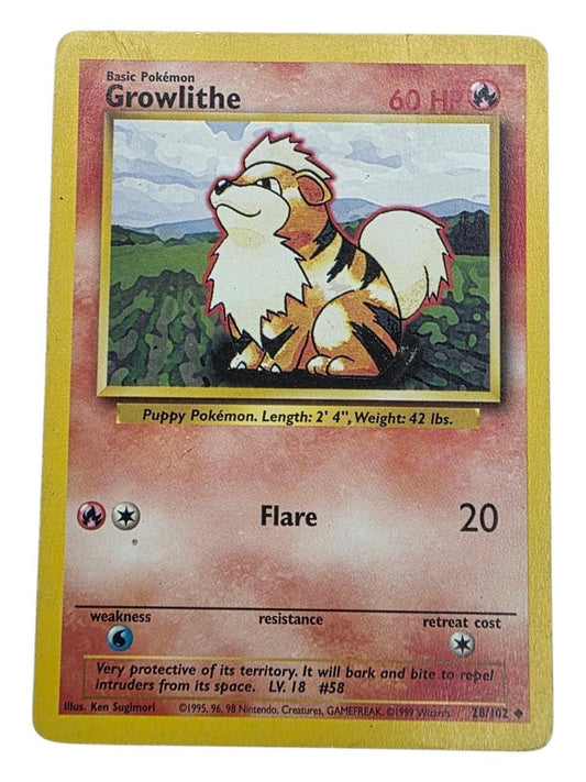 Shadowless Base Set Growlithe 28/102 uncommon Pokemon trading card.