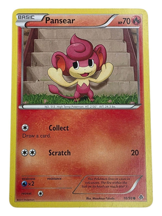 Pansear 18/98 Emerging Powers Pokémon card featuring artwork of the red-and-tan monkey character.