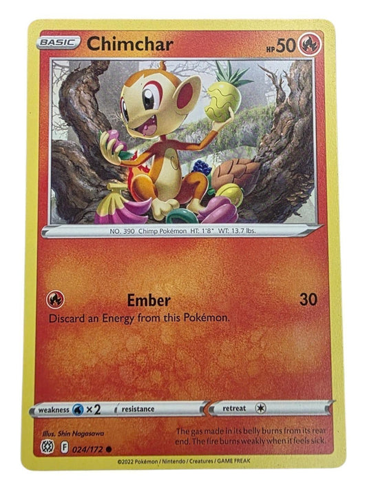Chimchar 024/172 Brilliant Stars Pokémon card featuring the monkey-like Fire-type character holding a fruit.