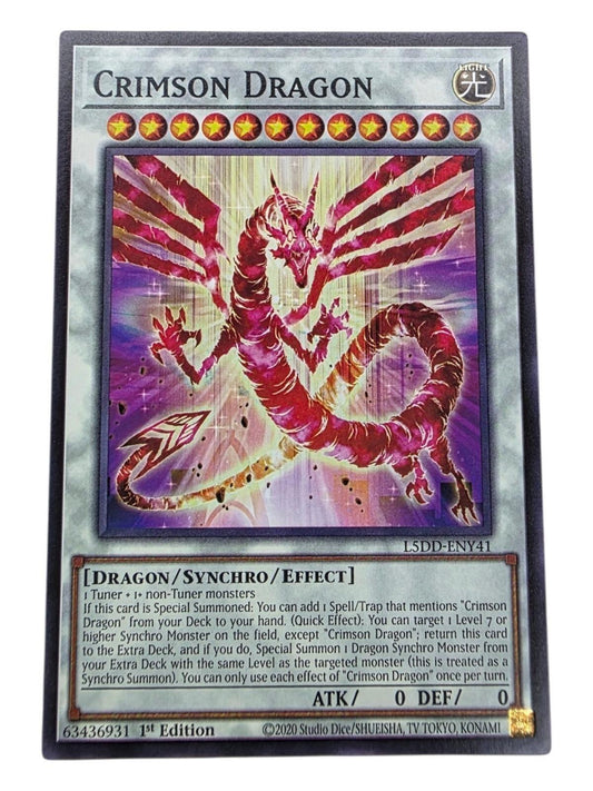 Crimson Dragon Yu-Gi-Oh! card showing a red dragon illustration against a purple background.
