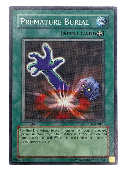 Premature Burial 1st Edition Yu-Gi-Oh! spell card featuring a reaching purple zombie hand.