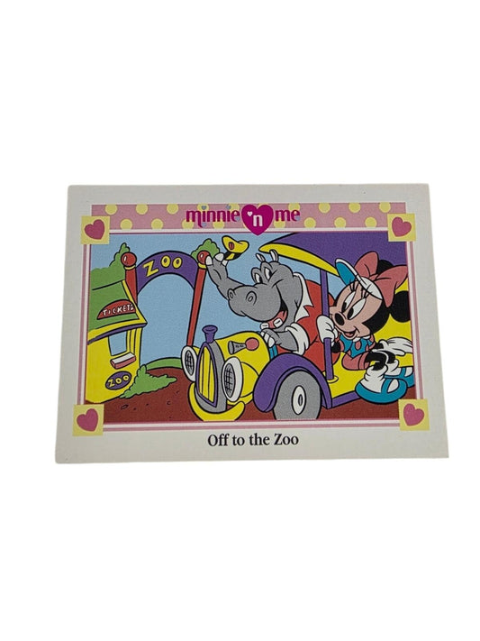 Minnie Mouse and a hippo ride in a yellow and purple car near a zoo entrance, in pink, yellow, and purple.