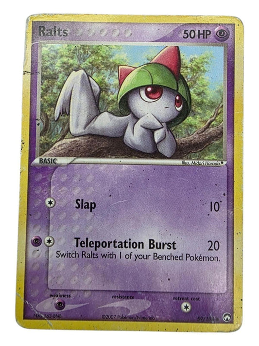 Ralts Pokémon card with purple border, showing art of Ralts lying on a tree branch.