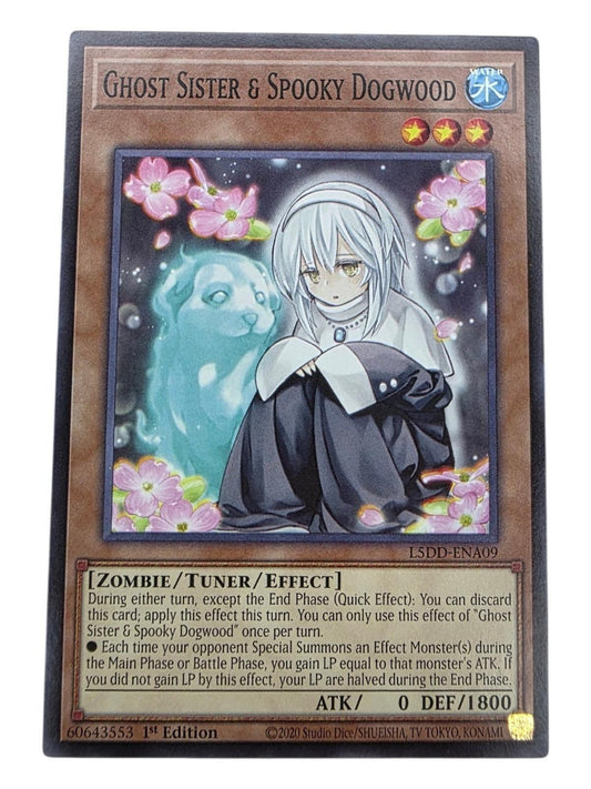 Ghost Sister & Spooky Dogwood 1st Edition Yu-Gi-Oh! card showing a ghostly girl and dogwood flowers.