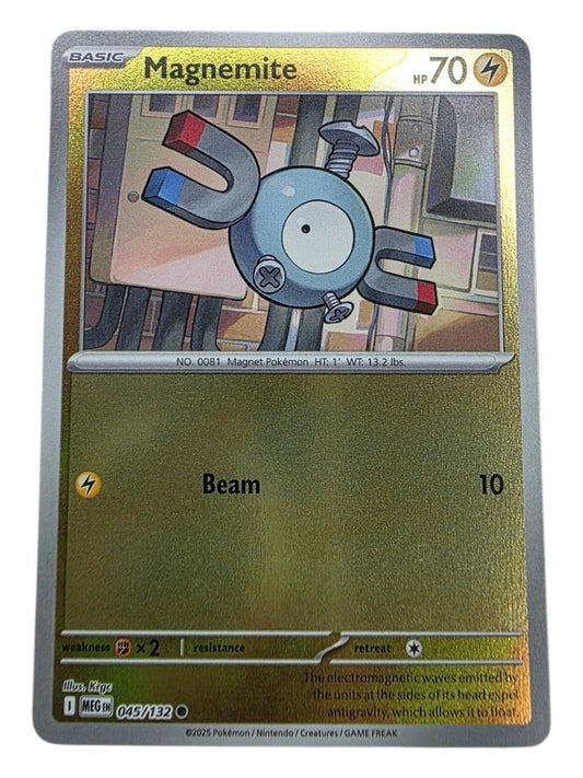 Magnemite 045/132 Pokémon card with shiny gold finish and artwork of the metallic Pokémon.