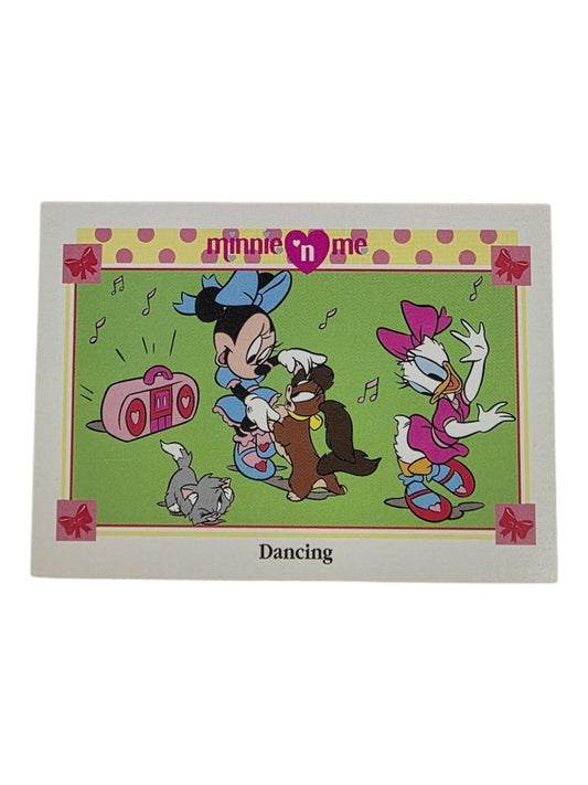 1991 Minnie 'n Me trading card featuring Minnie Mouse, Daisy Duck, and pets dancing to music.