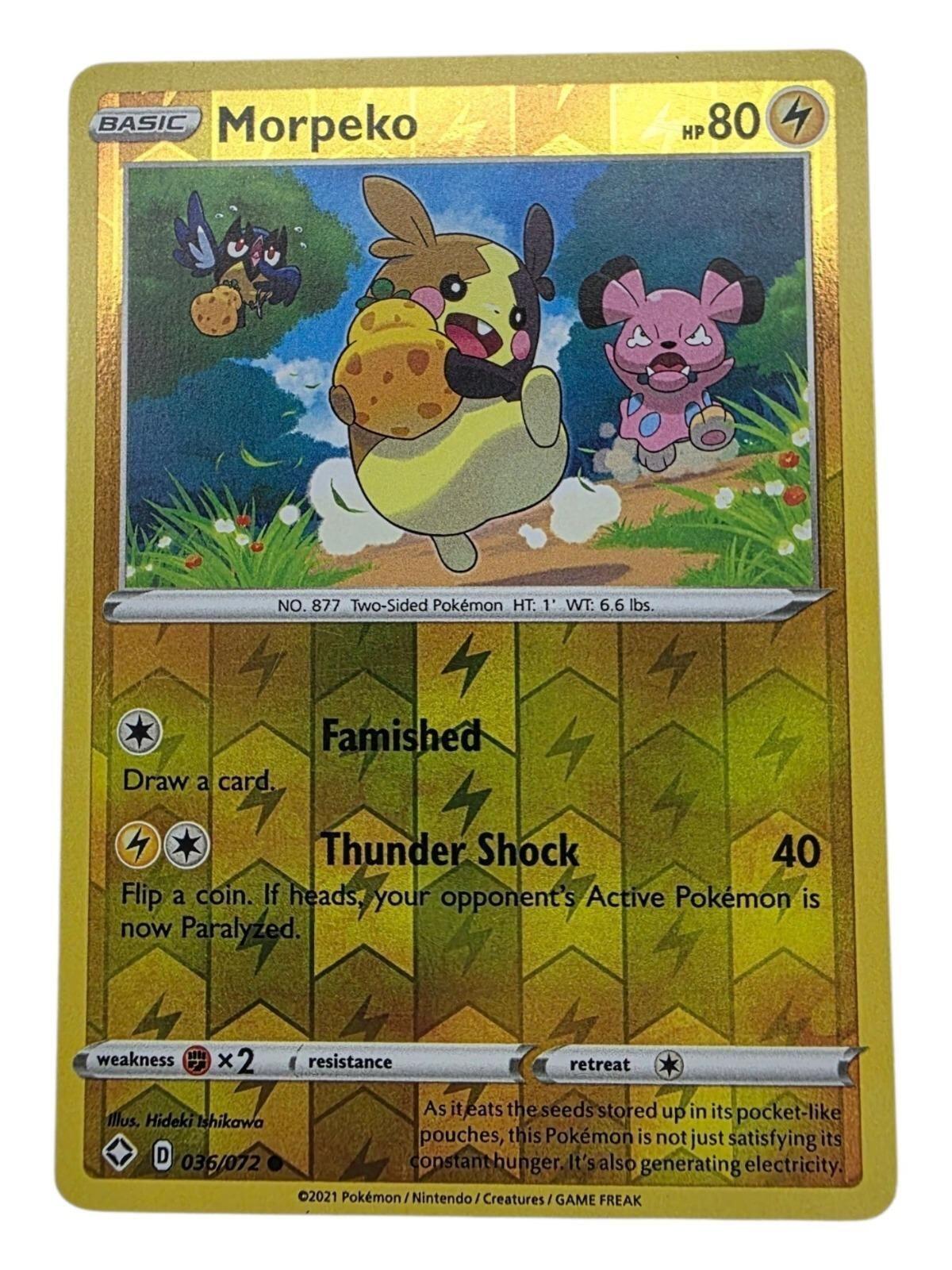 Morpeko 036/072 Shining Fates Pokemon card featuring foil gold background and artwork of Morpeko running.