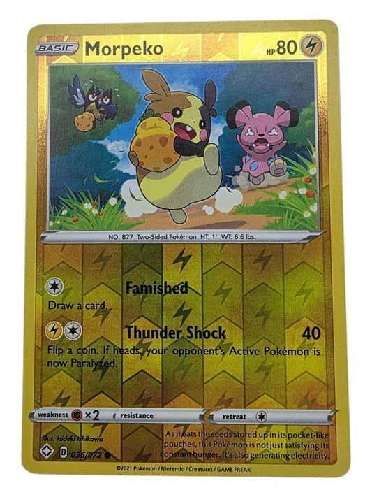 Morpeko 036/072 Shining Fates Pokemon card featuring foil gold background and artwork of Morpeko running.
