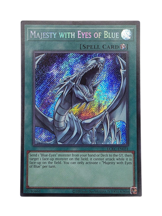 Secret Rare Majesty with Eyes of Blue Yu-Gi-Oh! spell card with blue-eyes white dragon art.