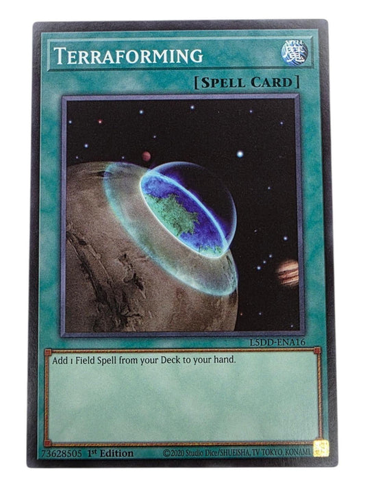 Terraforming 1st Edition Common Yu-Gi-Oh! card showing a planet with a dome.