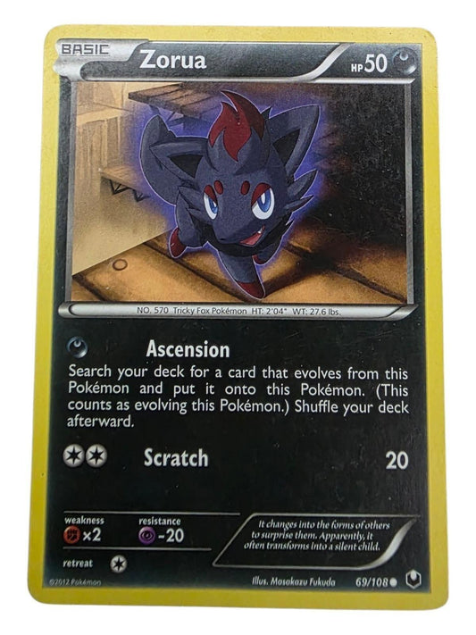 Zorua 69/108 Common Pokémon card with dark-type artwork and game stats.