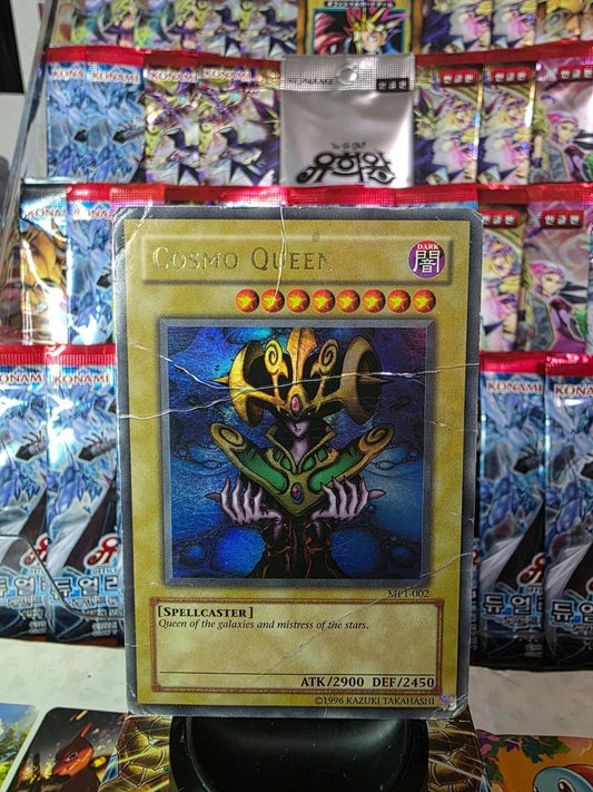 Cosmo Queen Ultra Rare Yu-Gi-Oh! promotional card MP1-002 with creases.