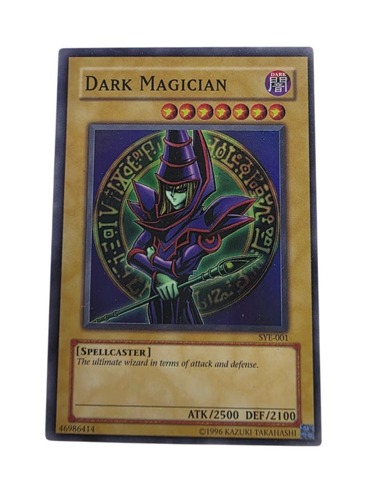 Dark Magician Yu-Gi-Oh! card, SYE-001, featuring a purple-robed wizard holding a staff against a blue magical circle.