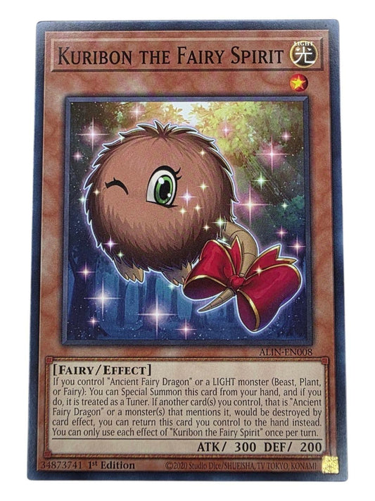 Kuribon the Fairy Spirit 1st Edition Common Yu-Gi-Oh! card featuring a fluffy brown monster with a red bow.
