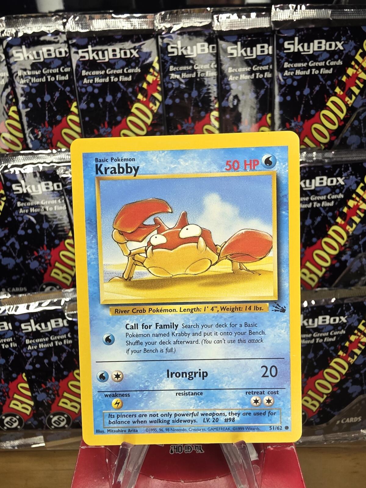 Vintage Fossil Pokemon Krabby Trading Card - Yellow Border Blue Frame