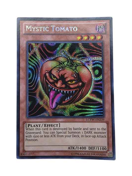 Mystic Tomato Secret Rare Yu-Gi-Oh! card with holographic foil artwork.