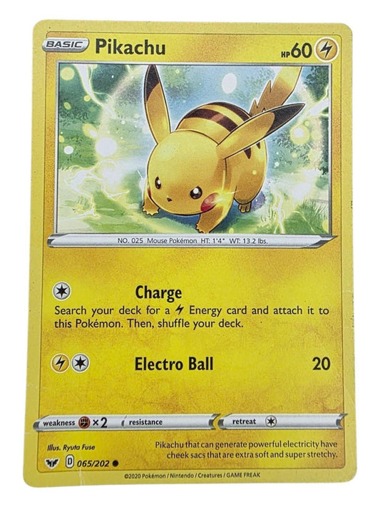 Pikachu Sword & Shield Base Set trading card with yellow background and electric effects.