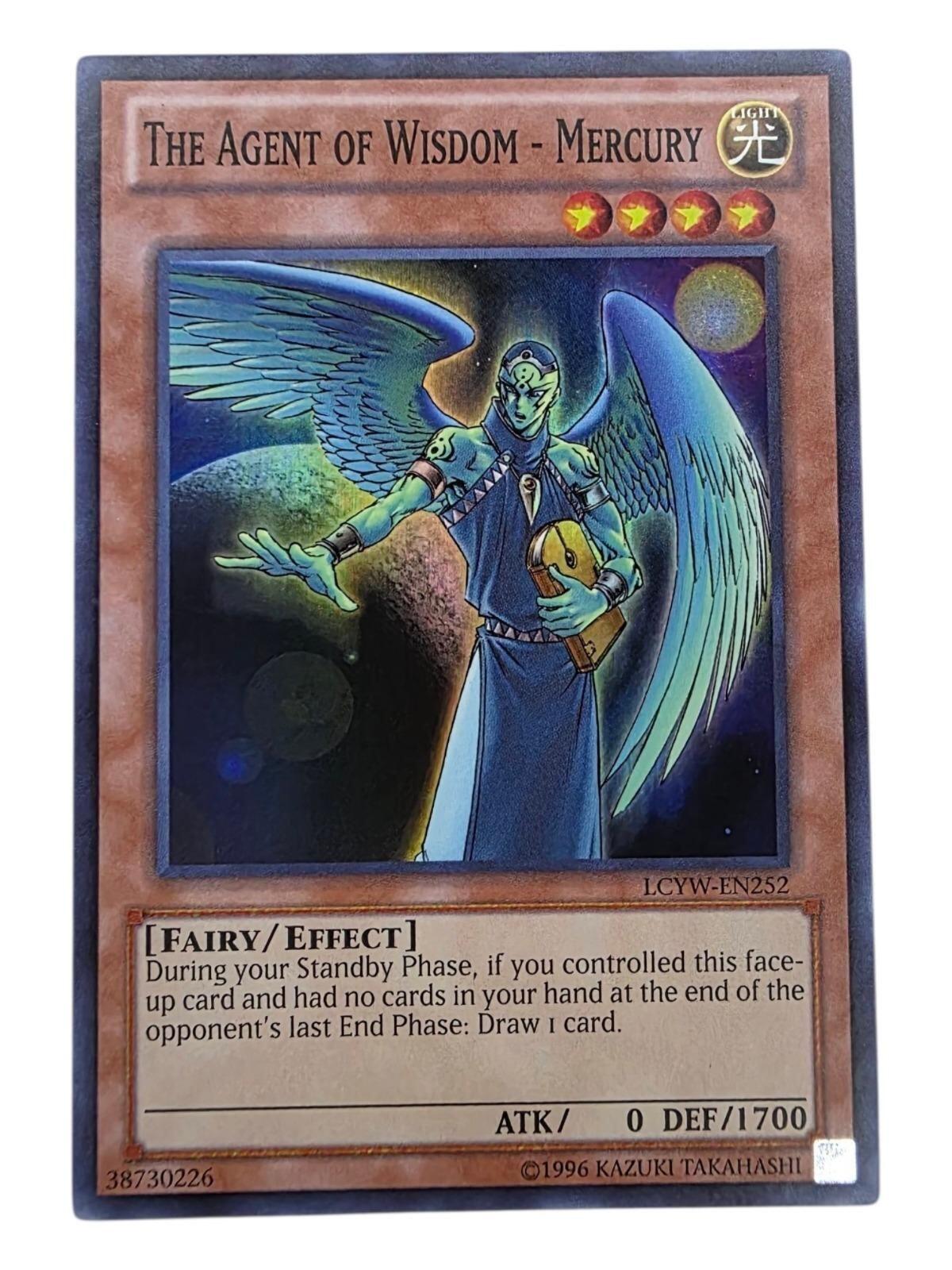The Agent of Wisdom - Mercury Yu-Gi-Oh! card featuring a winged humanoid figure in space holding a book.