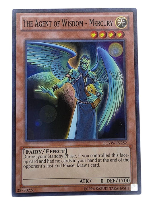 The Agent of Wisdom - Mercury Yu-Gi-Oh! card featuring a winged humanoid figure in space holding a book.