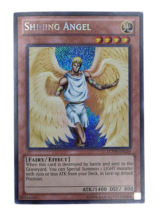 Shining Angel Secret Rare Yu-Gi-Oh! card with holographic foil artwork.