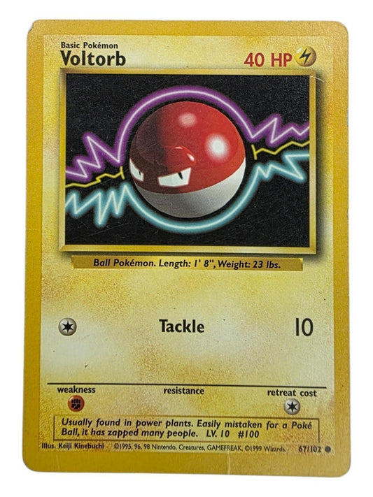 Shadowless Base Set Voltorb 067/102 Pokémon card with Tackle attack.