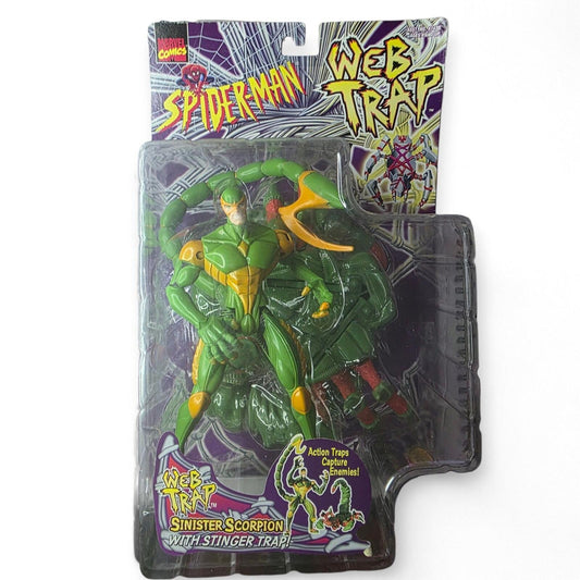 1997 Spider-Man Web Trap Sinister Scorpion action figure in a purple and white blister pack, with green and orange details.