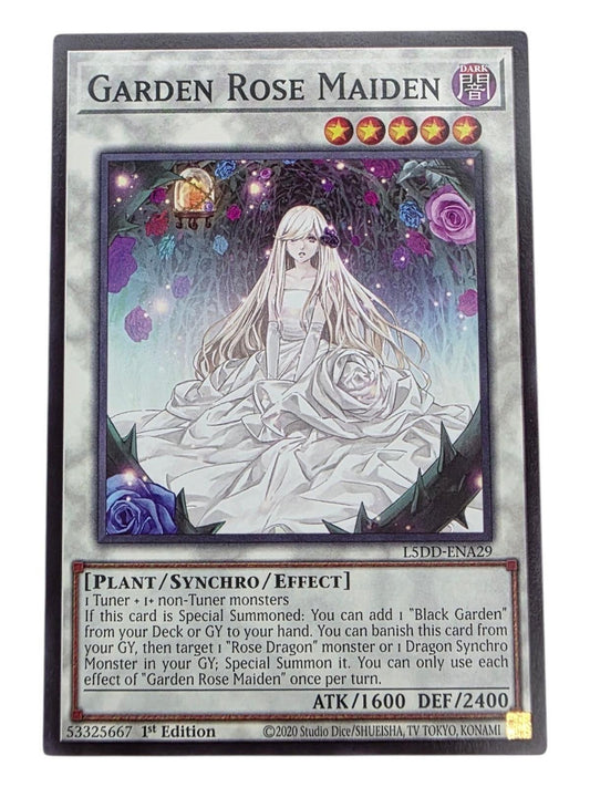 Garden Rose Maiden 1st Edition Yu-Gi-Oh! trading card in light play condition.