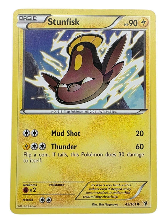 Stunfisk 42/101 Noble Victories Pokémon card featuring Mud Shot and Thunder attacks.
