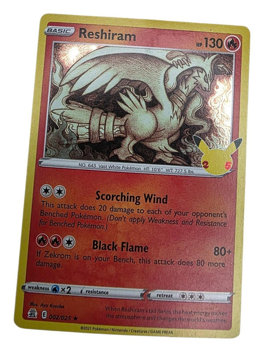 Reshiram holo rare Pokémon card with Scorching Wind and Black Flame attacks.