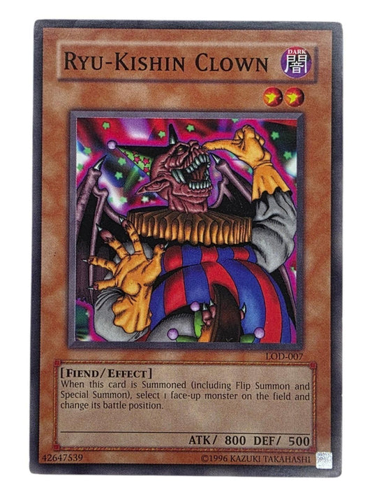 Ryu-Kishin Clown Yu-Gi-Oh! card showing artwork of a grinning demon clown in a red and blue striped outfit.