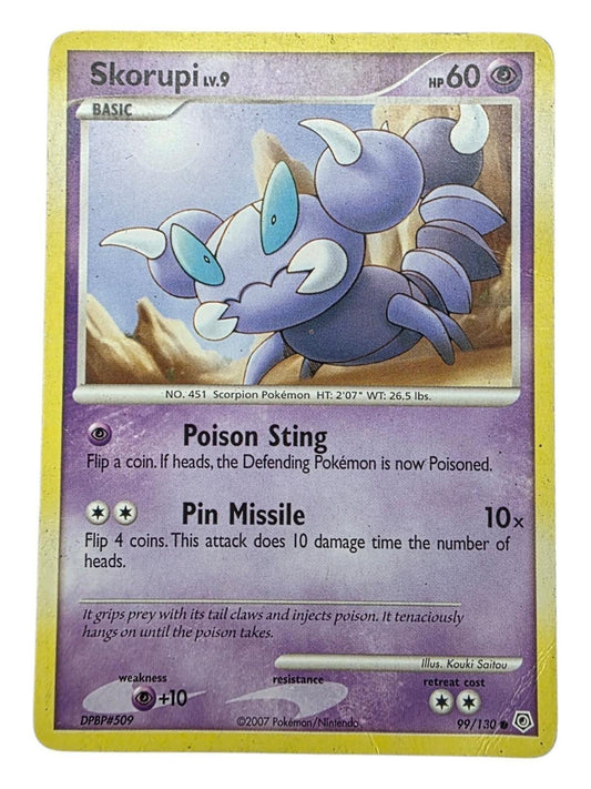 Skorupi 099/130 Pokémon card with purple character art and Poison Sting attack.