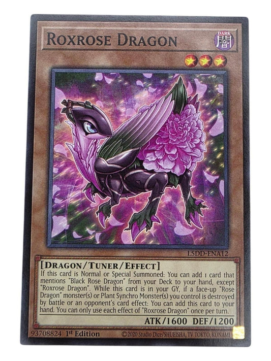 Roxrose Dragon 1st Edition Yu-Gi-Oh! card showing artwork of a purple dragon-like plant monster.
