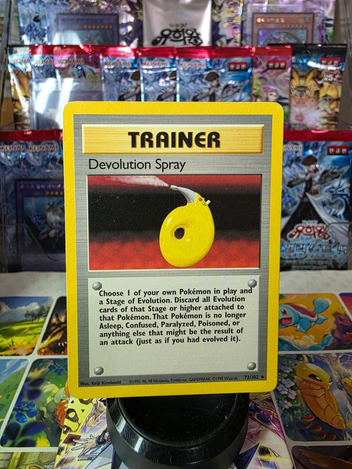 Base Set Devolution Spray 072/102 shadowless Trainer Pokémon card with yellow border.