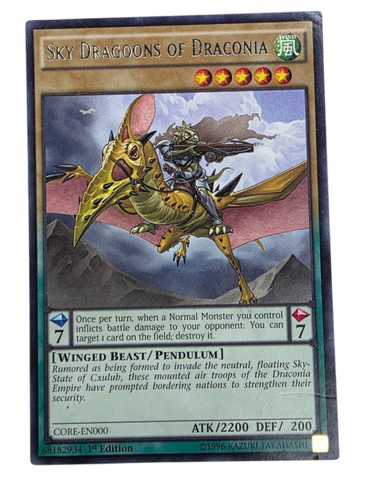 Sky Dragoons of Draconia 1st Edition Yu-Gi-Oh! card showing a warrior riding a winged beast.