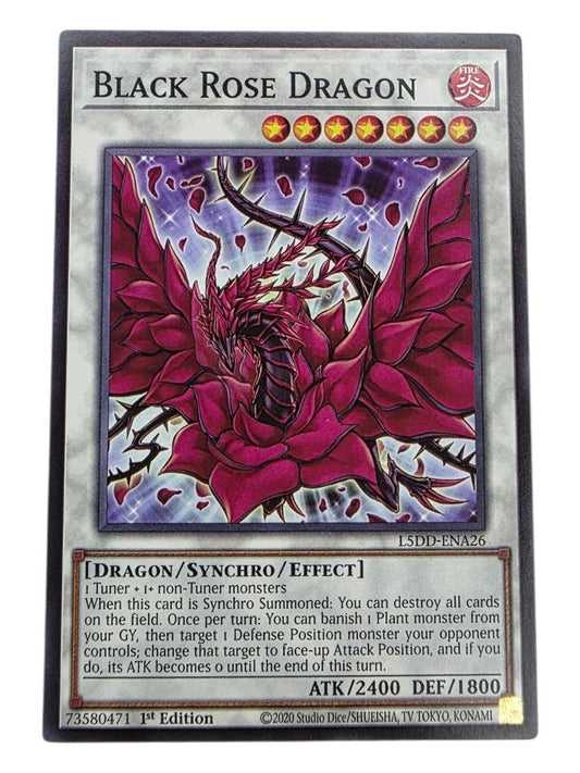 Black Rose Dragon Yu-Gi-Oh! card showing a dragon made of magenta rose petals and thorns.