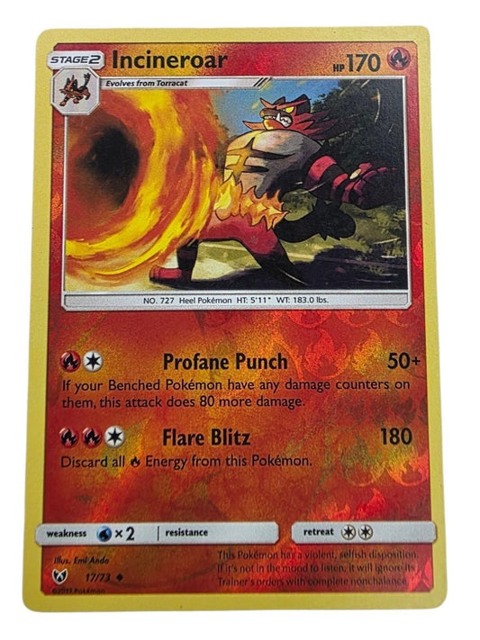 Incineroar Rare Pokémon card with foil background showing the character using a fire attack.