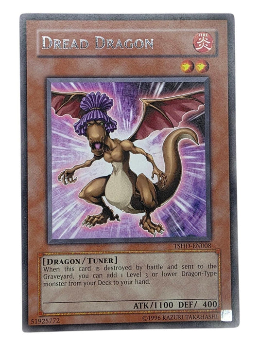Dread Dragon Yu-Gi-Oh! trading card featuring brown dragon monster art with a purple mane.