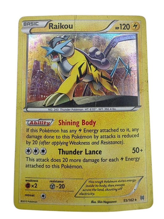 Raikou Holo Rare Pokémon card from the XY BREAKthrough set, showing card number 55/162.
