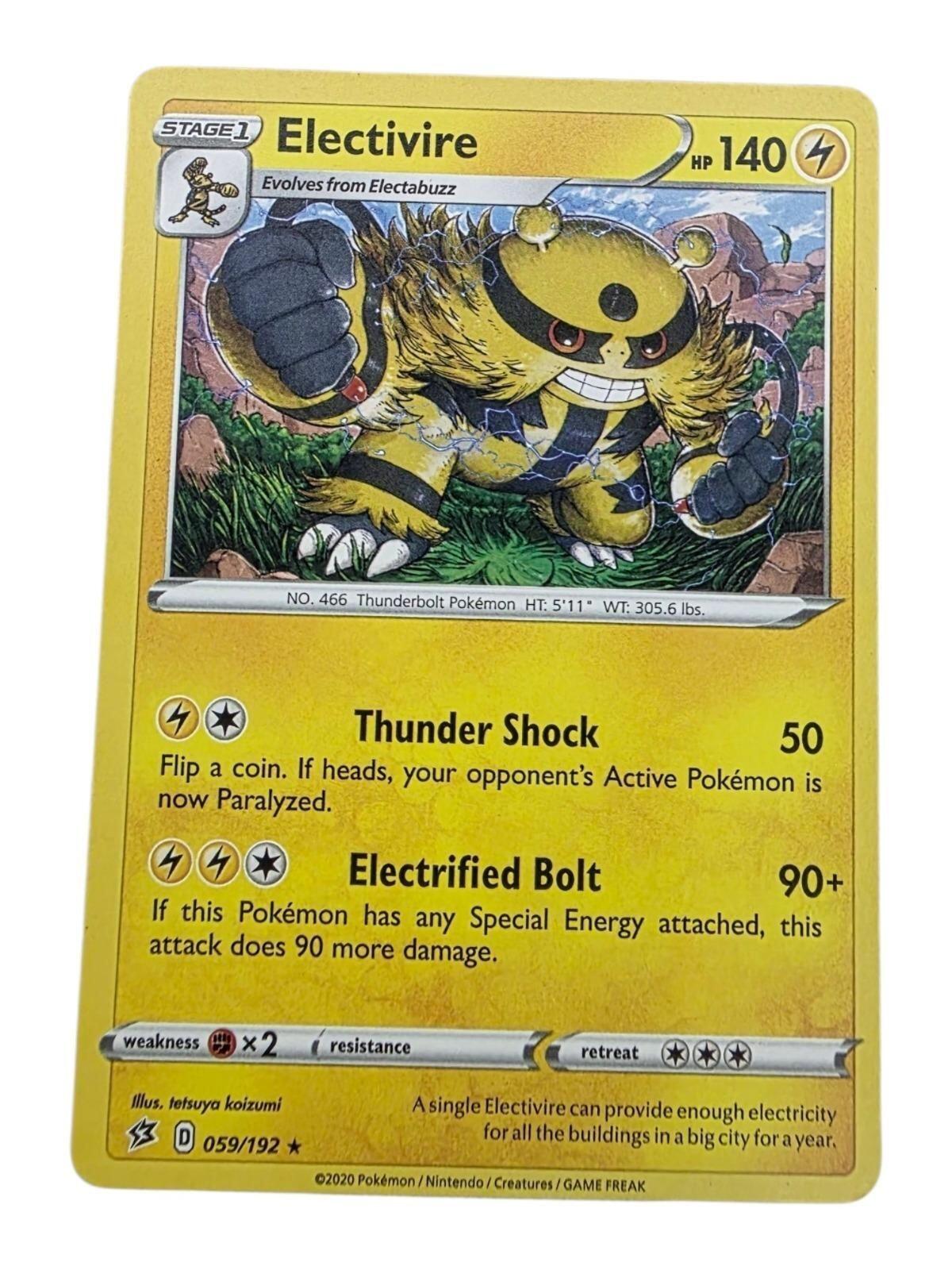 Electivire 059/192 Pokémon card from Sword & Shield Rebel Clash with Thunder Shock and Electrified Bolt attacks.