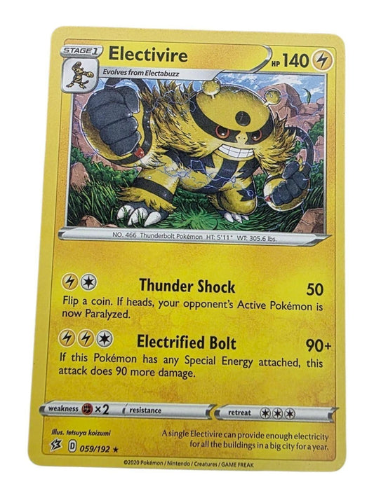 Electivire 059/192 Pokémon card from Sword & Shield Rebel Clash with Thunder Shock and Electrified Bolt attacks.