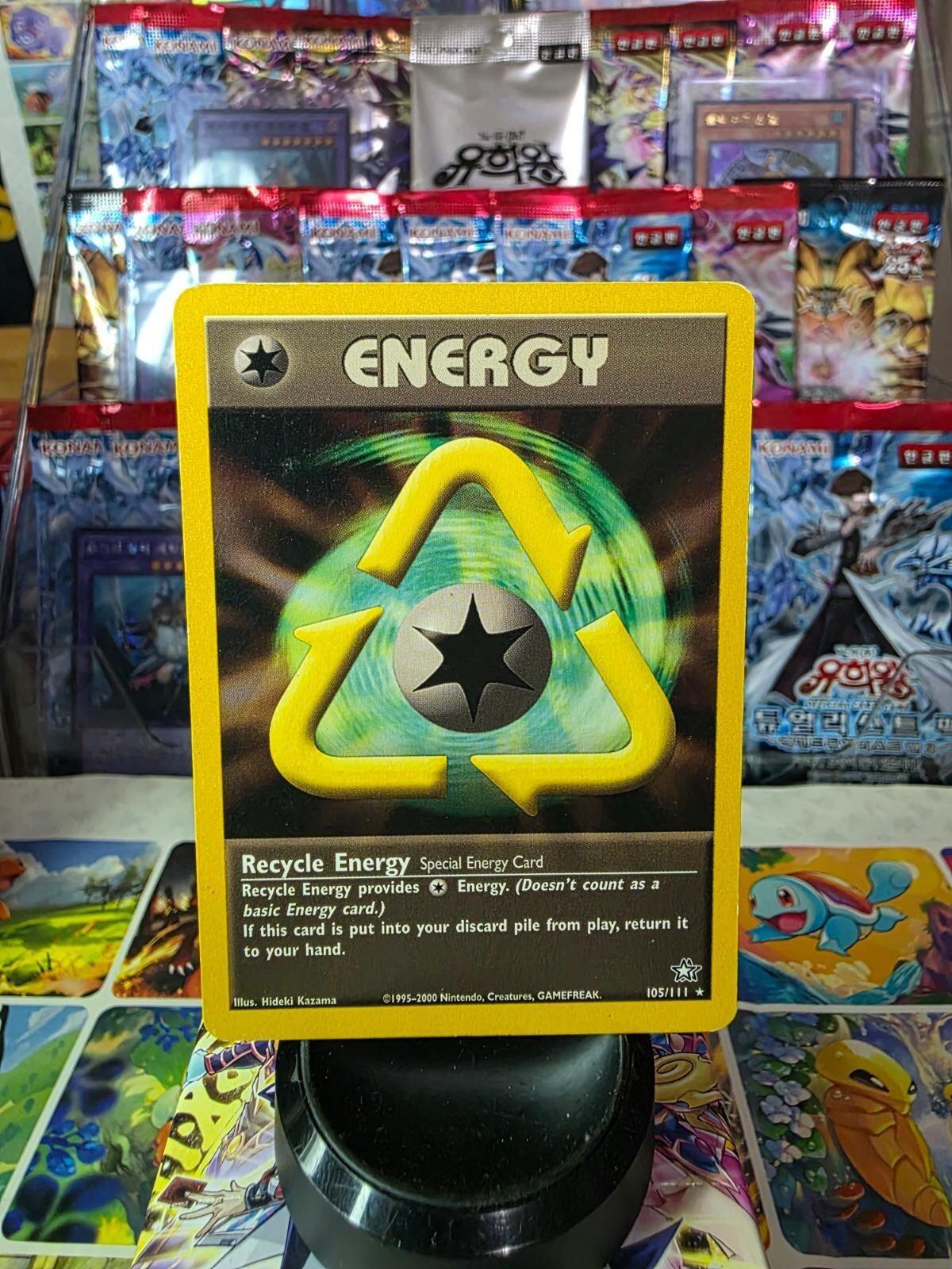 Recycle Energy 105/111 Neo Genesis Pokémon card with a yellow border and a recycling symbol.