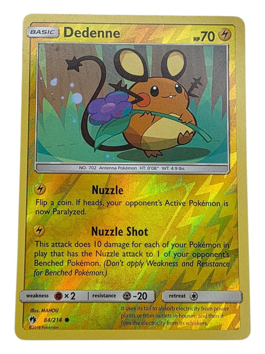 Dedenne 84/214 common foil Pokémon card from Lost Thunder with lightning pattern sheen.