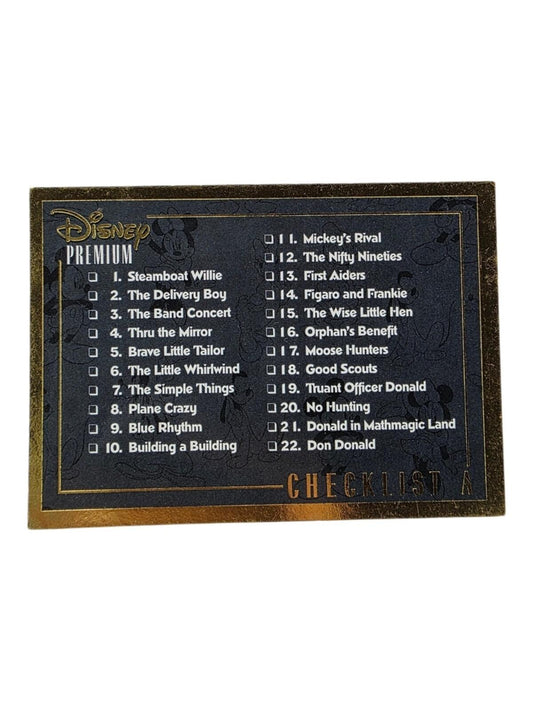 Blue and gold 1995 Disney Premium trading card checklist with a list of Mickey Mouse cartoon titles.