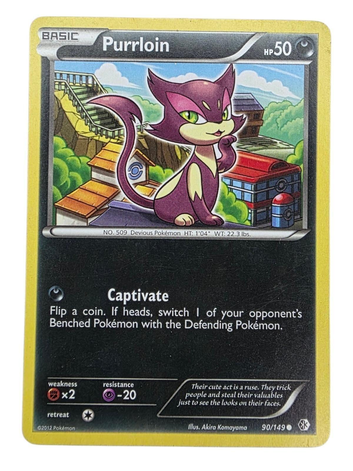 Purrloin 90/149 Pokémon trading card featuring purple cat character.