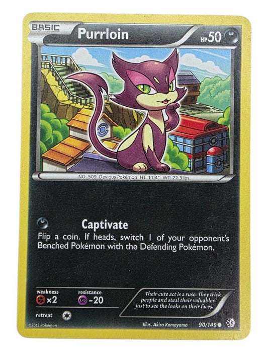 Purrloin 90/149 Pokémon trading card featuring purple cat character.